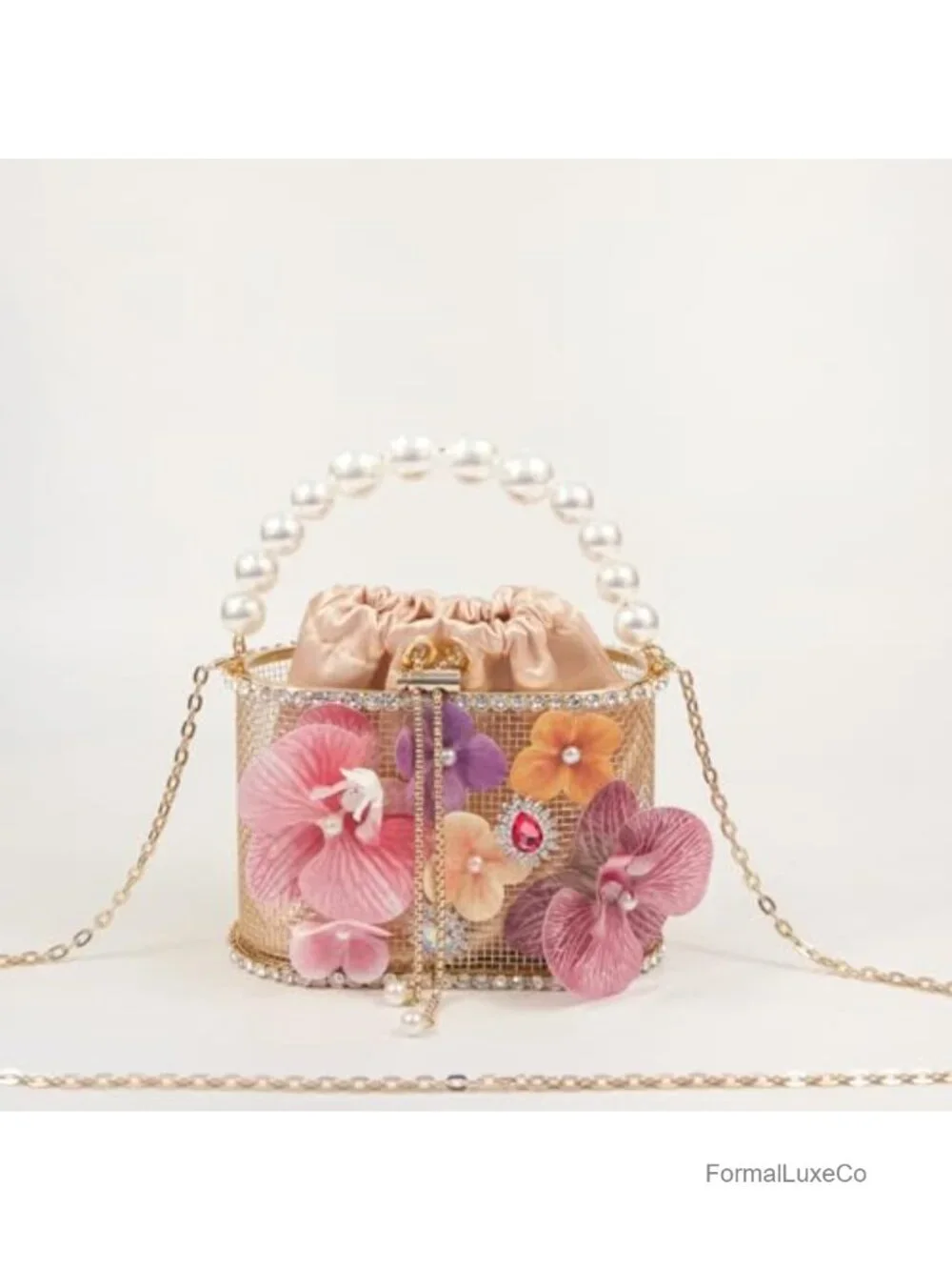 Evening Bag Flower Shaped Rhinestone Gold Metallic Bucket Crossbody Clutch Party